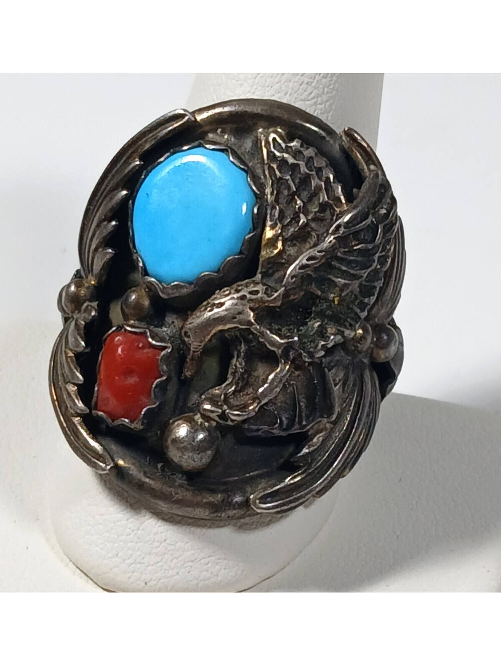 Navajo Turquoise Coral 925 S. Silver Eagle Mens Ring Patriot Biker 18g SZ 10.25
